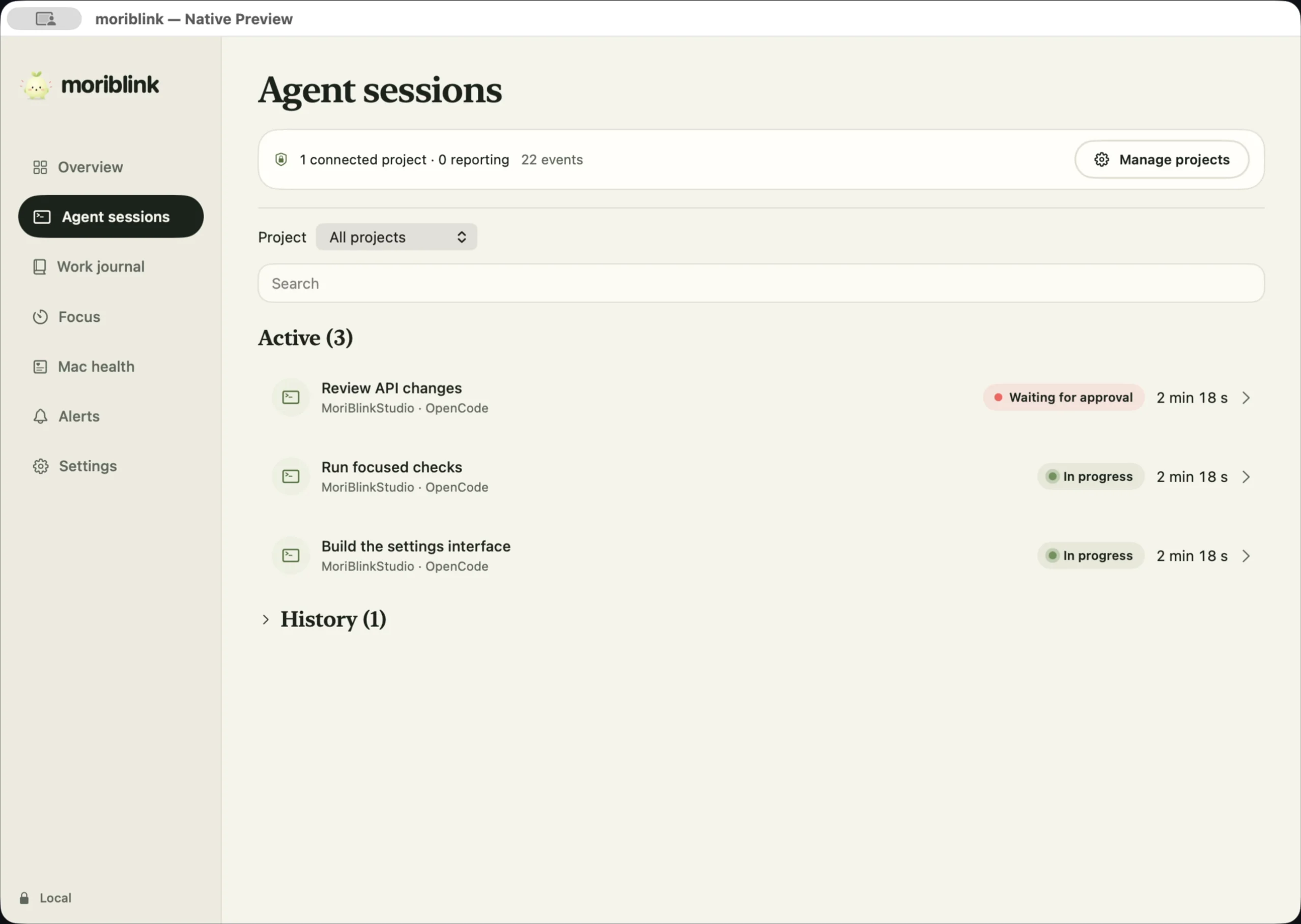 The MoriBlink Agent sessions screen. Three active sessions: Review API changes is waiting for approval; Run focused checks and Build the settings interface are in progress.