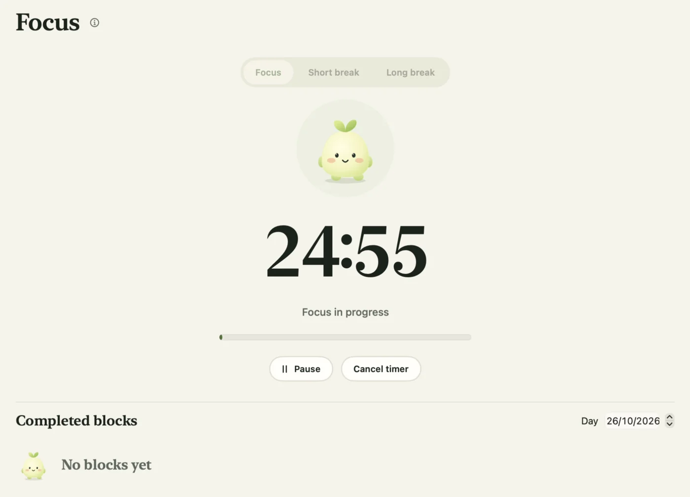 Focus screen with a 24:55 timer in progress and Mori above it.